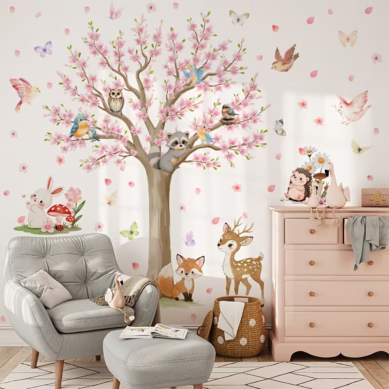 3 Sheets 11.81*35.43inch Peach Blossom Tree Animal Bird Wall Stickers | Self-Adhesive PVC