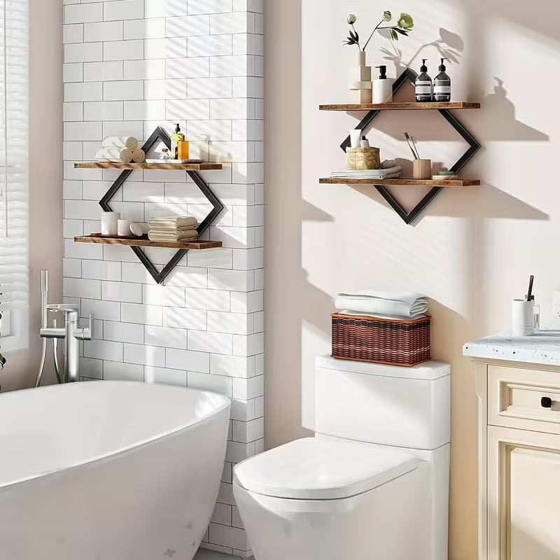Double Layer Geometric Diamond Wall Floating Shelf Set, Wooden