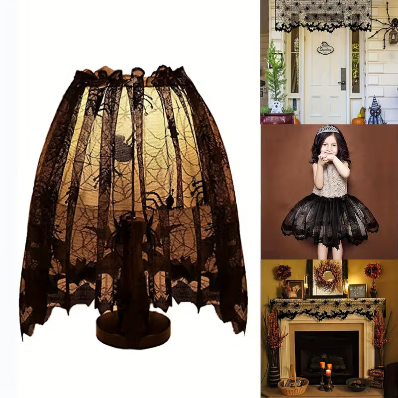 Halloween Lampshade Cover Decorative Multifunctional Black Lace Fireplace Towel Spider Web Bat