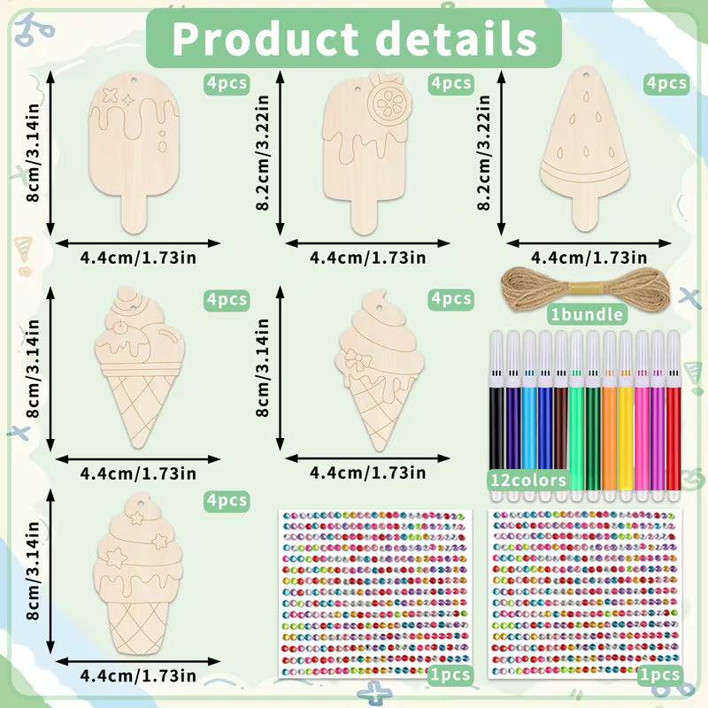 39-Piece Ice Cream Wood Crafts Kit Include 24-Piece DIY Unfinished Wood