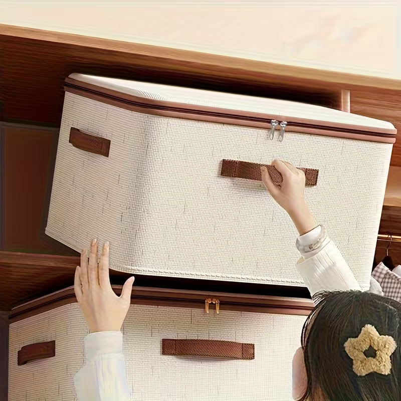 Foldable Linen Storage Box with Double Zippers and Faux Leather Handle, Large Capacity