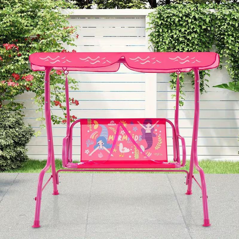 COSTWASY Kids Patio Swing, 2-Seater Swing Chair w/Metal Stand & Adjustable Canopy