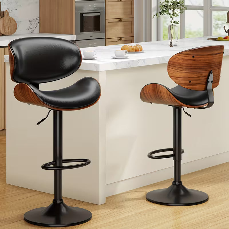 Modern Faux Leather Upholstered Bar Stools, 360° Swivel Adjustable Height Set, Metal