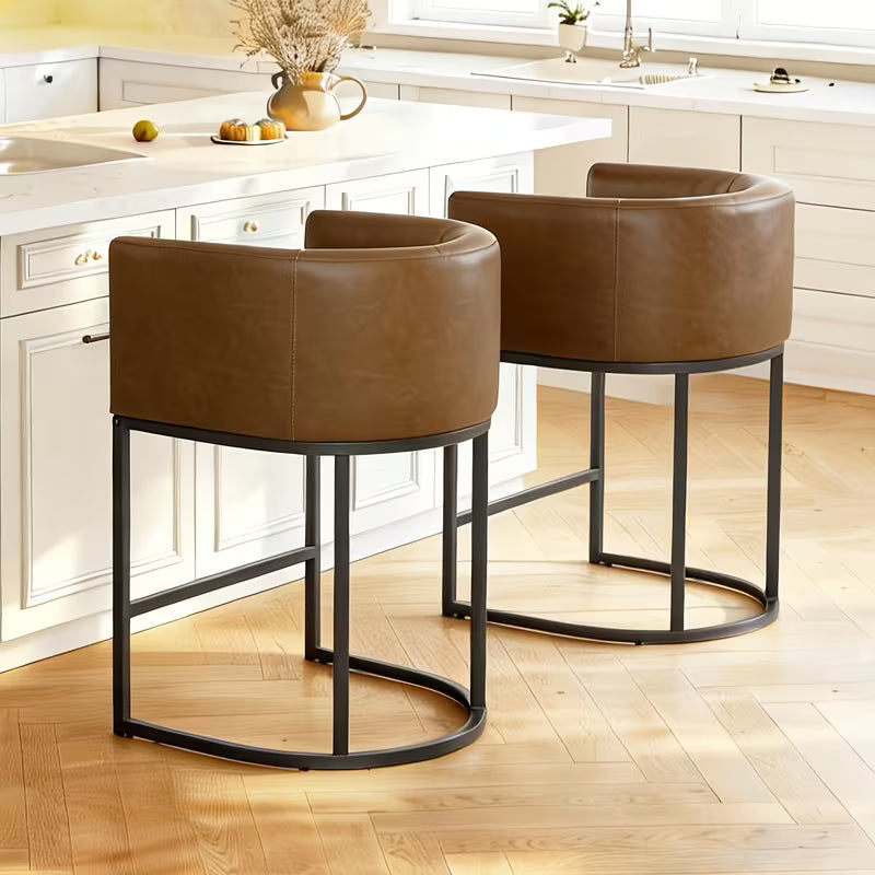 Medieval Modern Style Upholstered Dining Chair, Barrel-shaped Backrest with Metal Frame