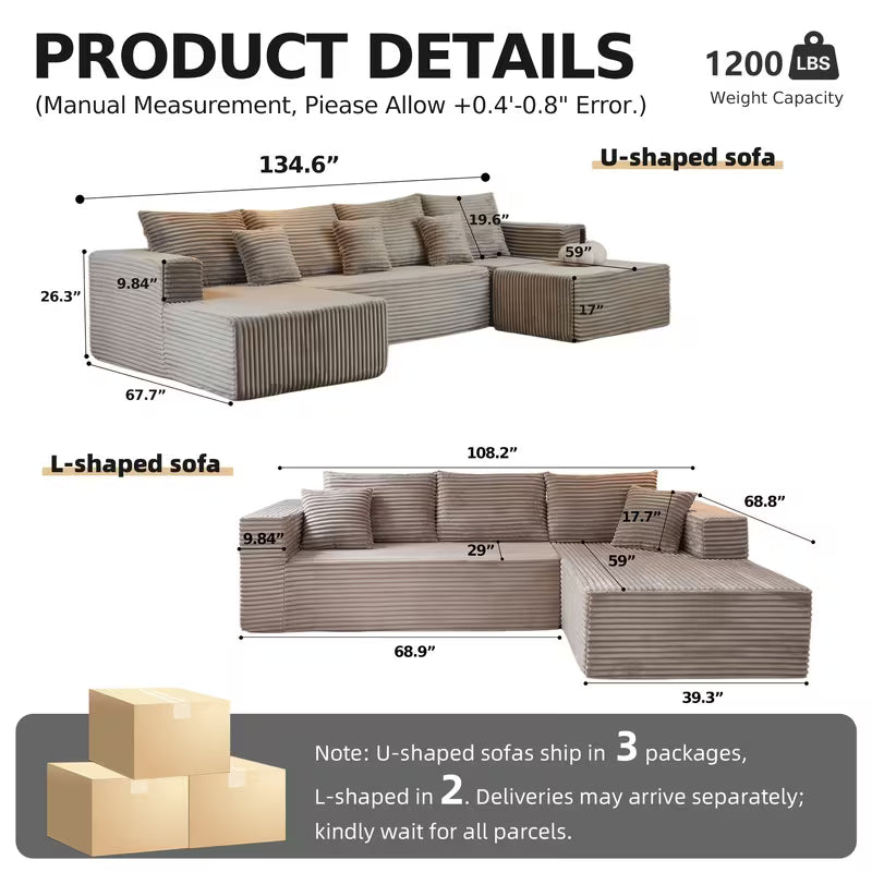 Large Sectional Cloud Couch. Modular Corduroy Sofa Bed With Deep Seat.U-Shaped Boneless Sofa