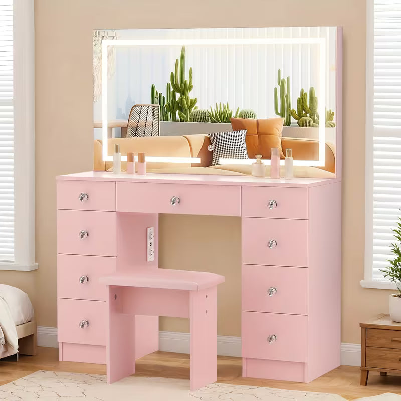 43" Makeup Vanity Desk Set Featuring a Power Outlet, Illuminated Mirror, Stool, And 9 Drawers