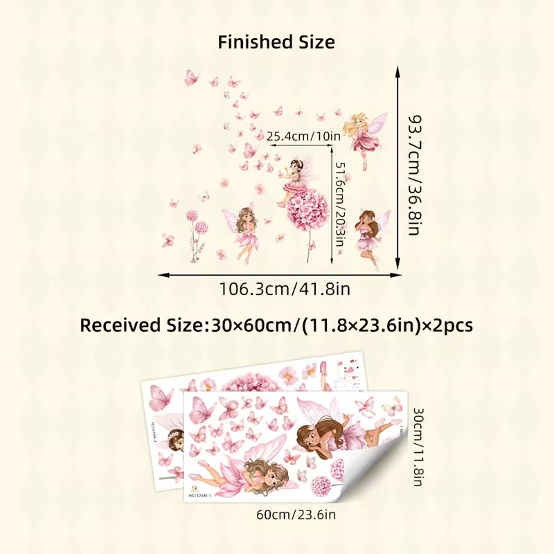 2pcs/1set Pink Floral Fairy Butterfly Wall Sticker, Removable PVC Aesthetic Girly Art Decal