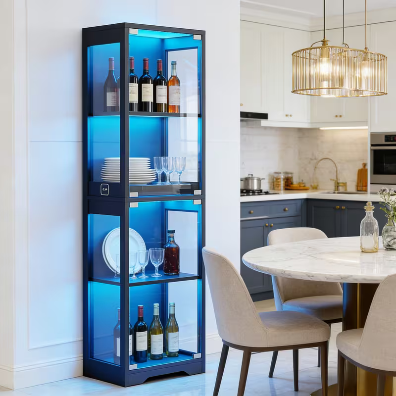 Single Door Glass Display Cabinet 4 Tier with 3 LED Lights Smart Motion Sensor Large Capacity