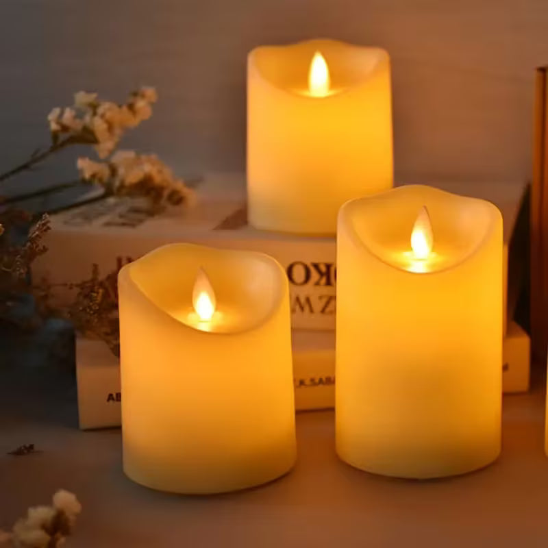 3 Large Flameless LED Pillar Candles, Moving Flame Effect - Battery Operated, Dripless Ivory