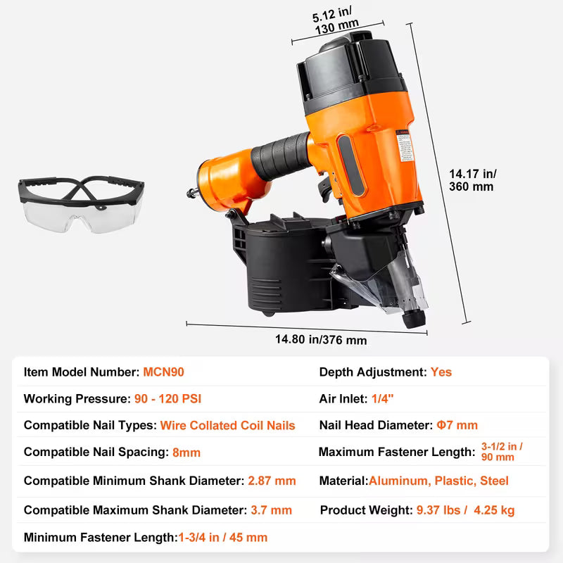 VEVOR MCN55/65/70/83/90 Coil Siding Nailer 1 inch to 2-1/4-inch/1-1/4" to 2-1/2"/1-3/4 to 2-3/4