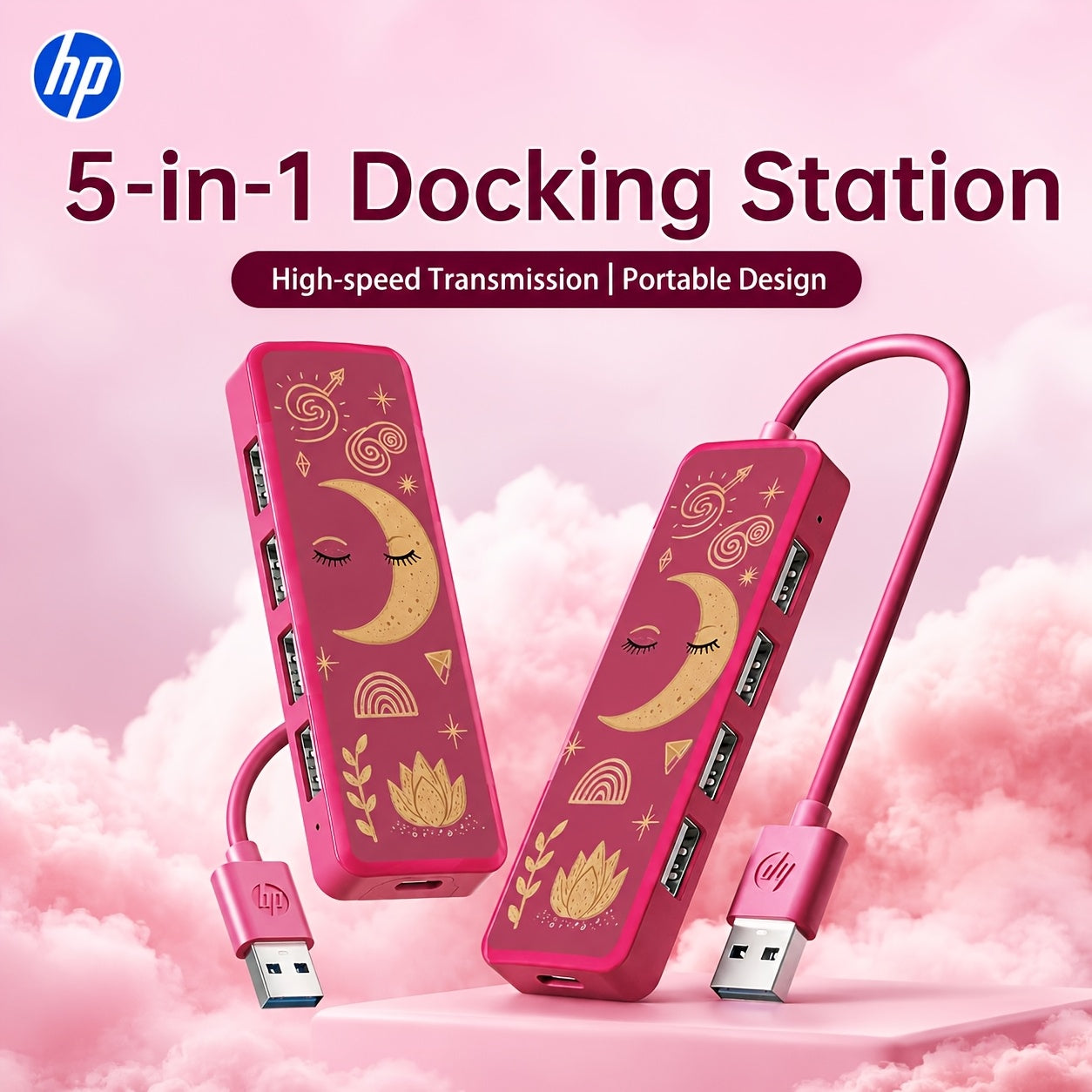 HP Moon Print USB 2.0 Hub, 5-In-1 Portable Multi-Port Docking