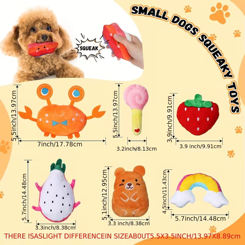 Colorful Plush Squeaky Dog Toys - Fun Fruit, Animal Set