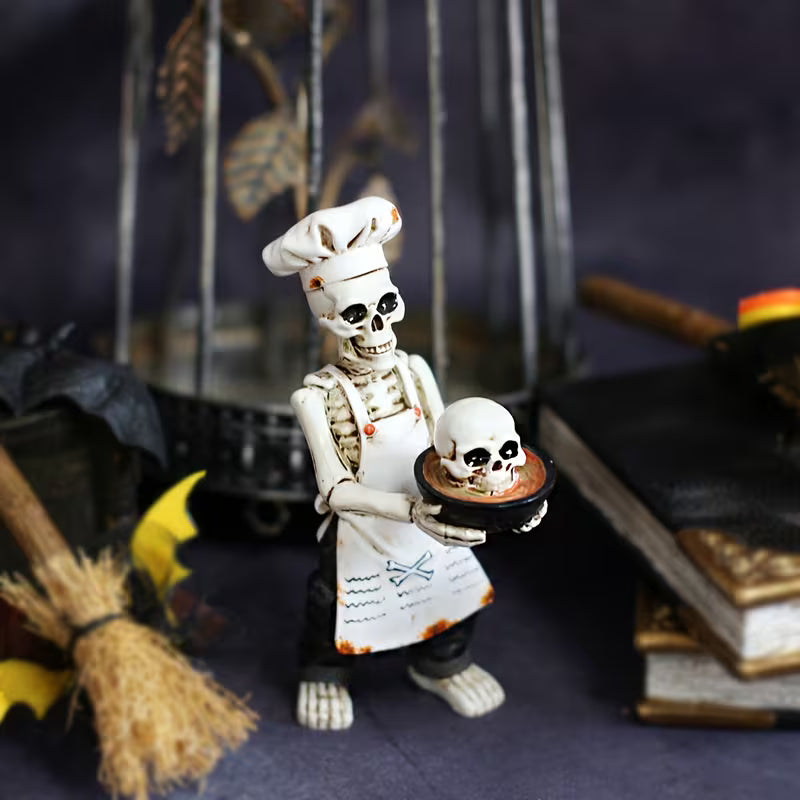 Chef Hat Skull Ornament, Outdoor Garden Halloween Decoration Set, Resin