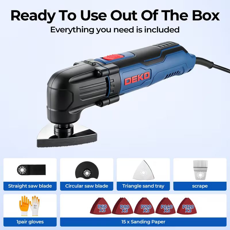 DEKO Oscillating Tool with 10pcs Sandpapers, Sanding Pad, 1-1/4In End Cut Blade