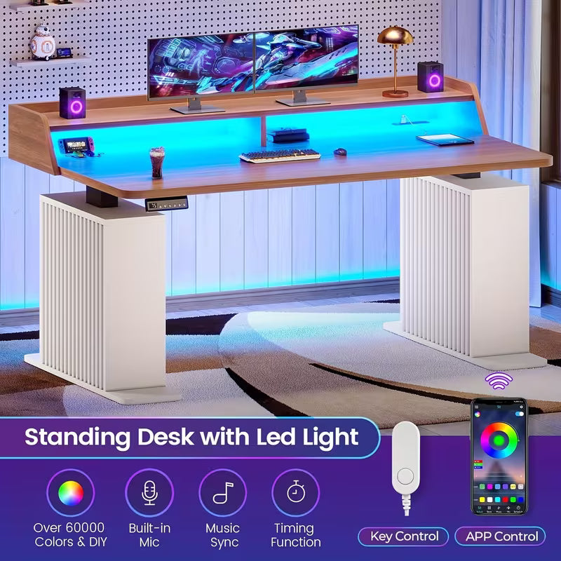 Farmhouse Standing Desk with Storage--55" Height Adjustable Home Office Desk with Power Outlets &