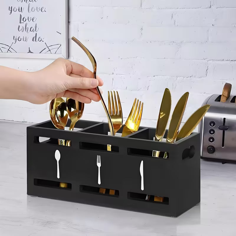Wooden Utensil Holder, Country Tableware And Cutlery Rack Set, Wooden, Black