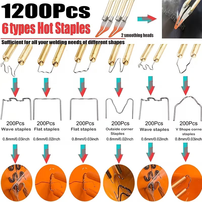 200W Hot Stapler Car Bumper Fender Welder Gun Plastic Repair Kit 1200 Staples, Plastic Welding Kit