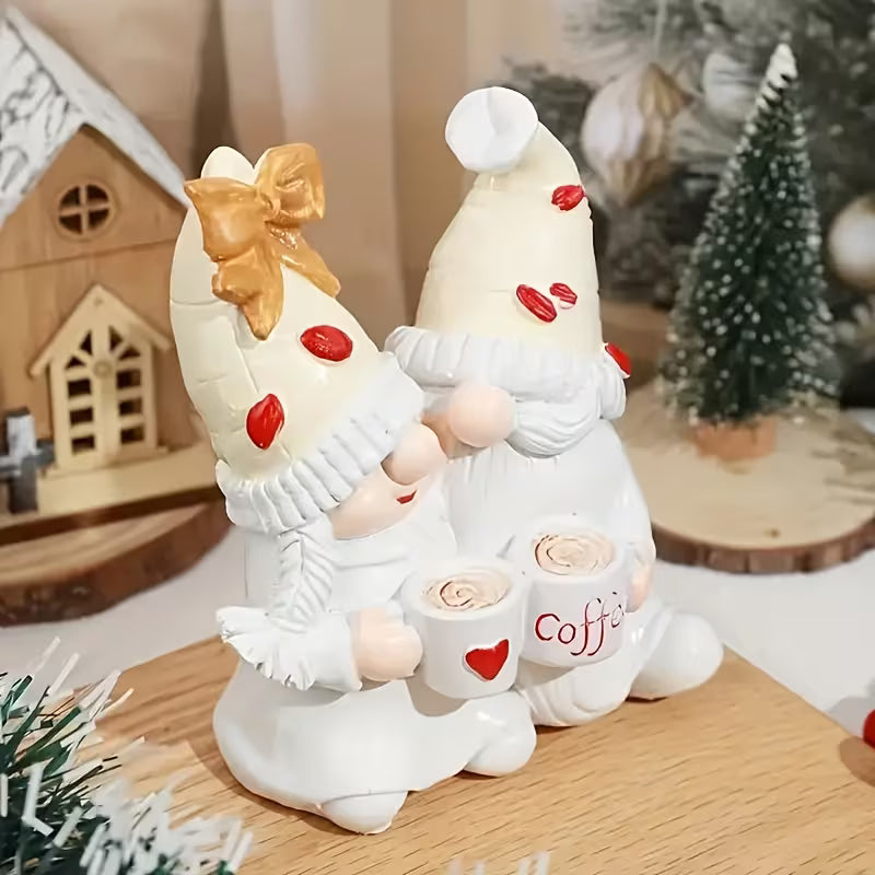 A Pair of Charming Winter Coffee Gnome Couple Statues, Creative Holiday Home Gifts