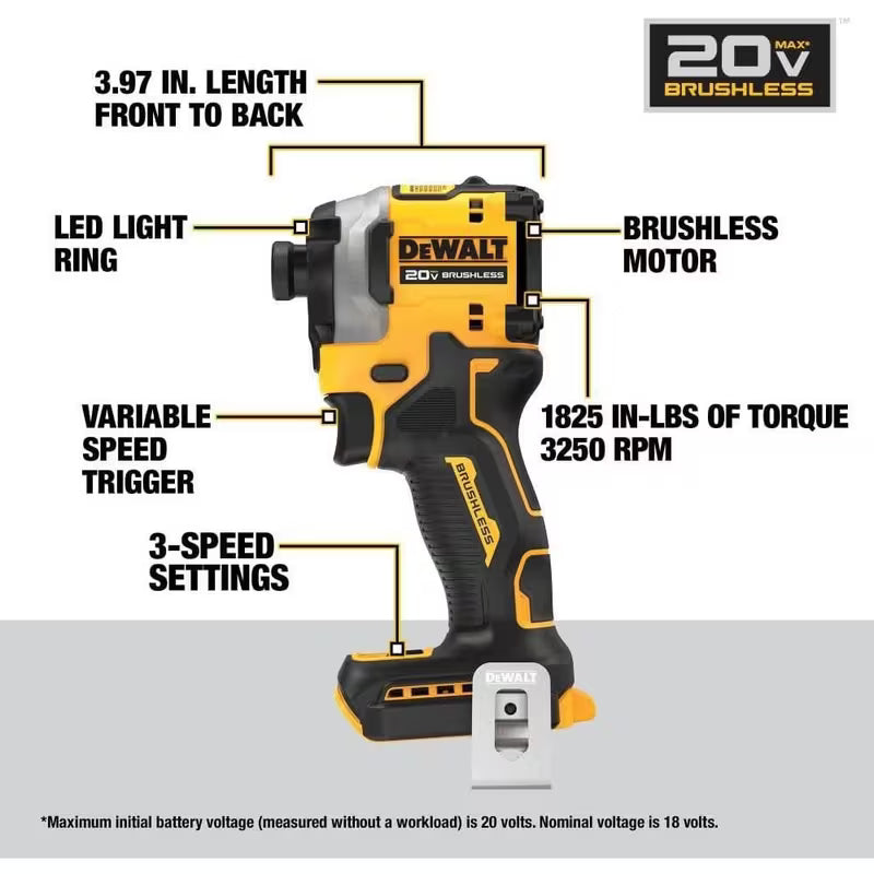 DEWALT ATOMIC 20V MAX* 1/4 in. Brushless Cordless 3-Speed Impact Driver one-pack (DCF850B)
