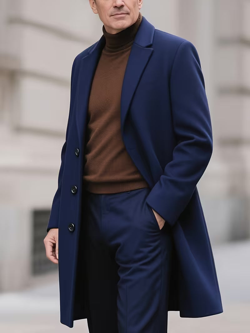 BOWOWOR Men'S Elegant Solid Gray Trench Coat - Warm Polyester Long Overcoat with Pockets