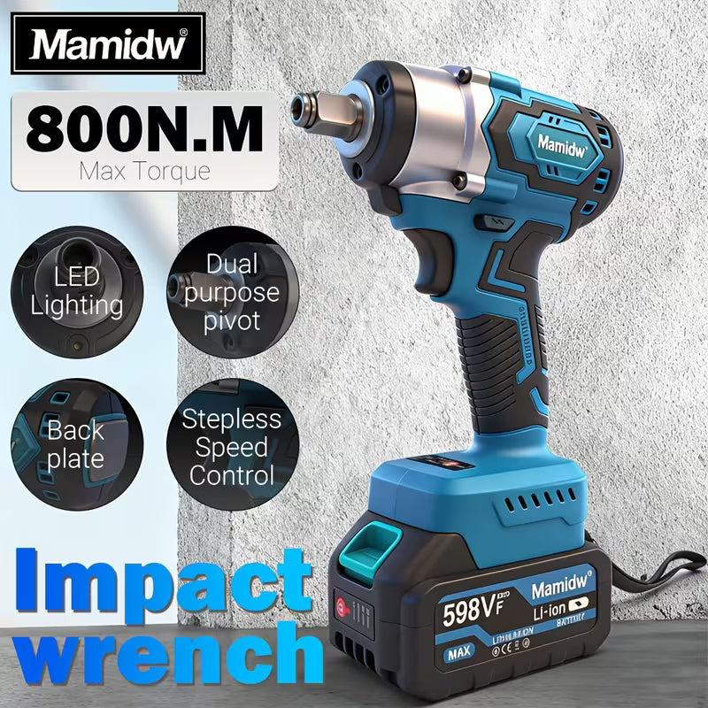 Mamidw 800N.M Cordless Impact Wrench High Torque LED Brushless Electric Wrench 18V Auto Repair