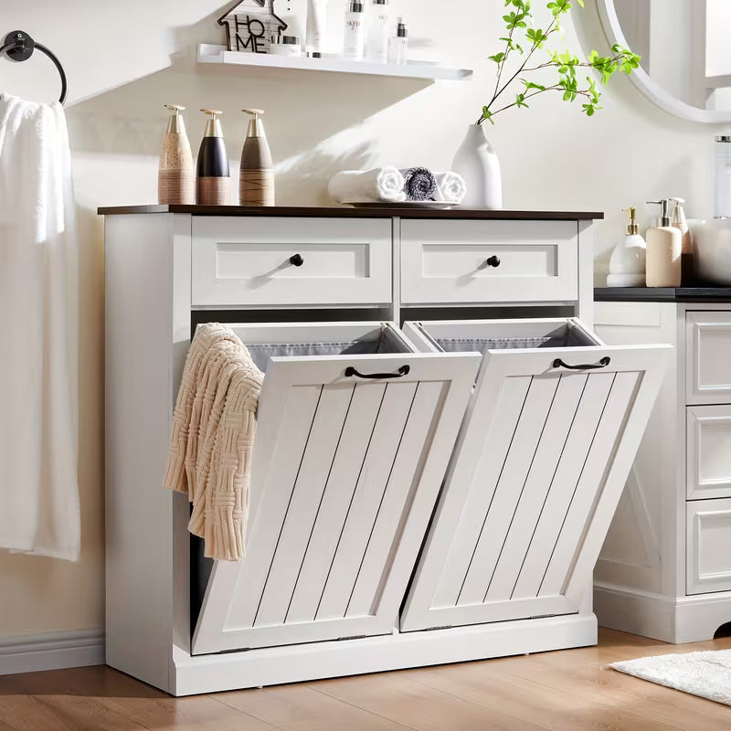 Single/Double Tilt Out Trash Can Cabinet with Drawer, Hidden Wooden Laundry Sorter Cabinet Bathroom