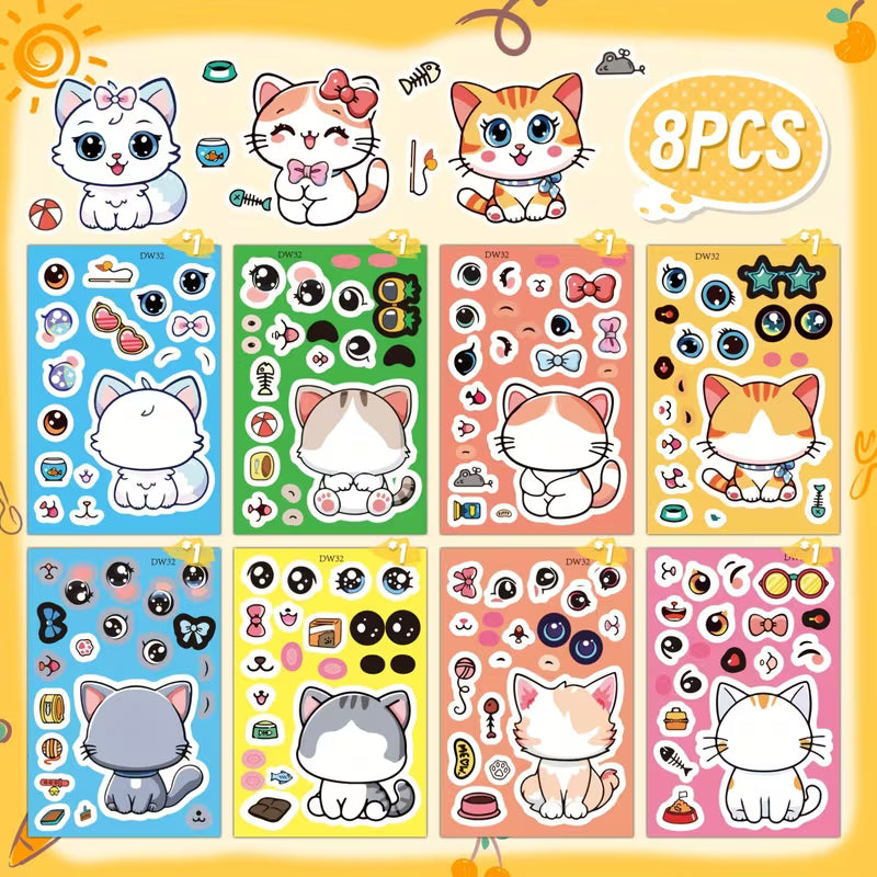 8-Piece/16-Piece/24-Piece Cute Cat Puzzle Stickers for Laptops Paper