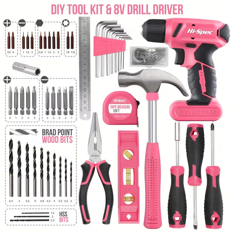 Women's 8V USB Rechargeable Cordless Drill & Tool Kit Set Electric Power Drill Driver with Compact