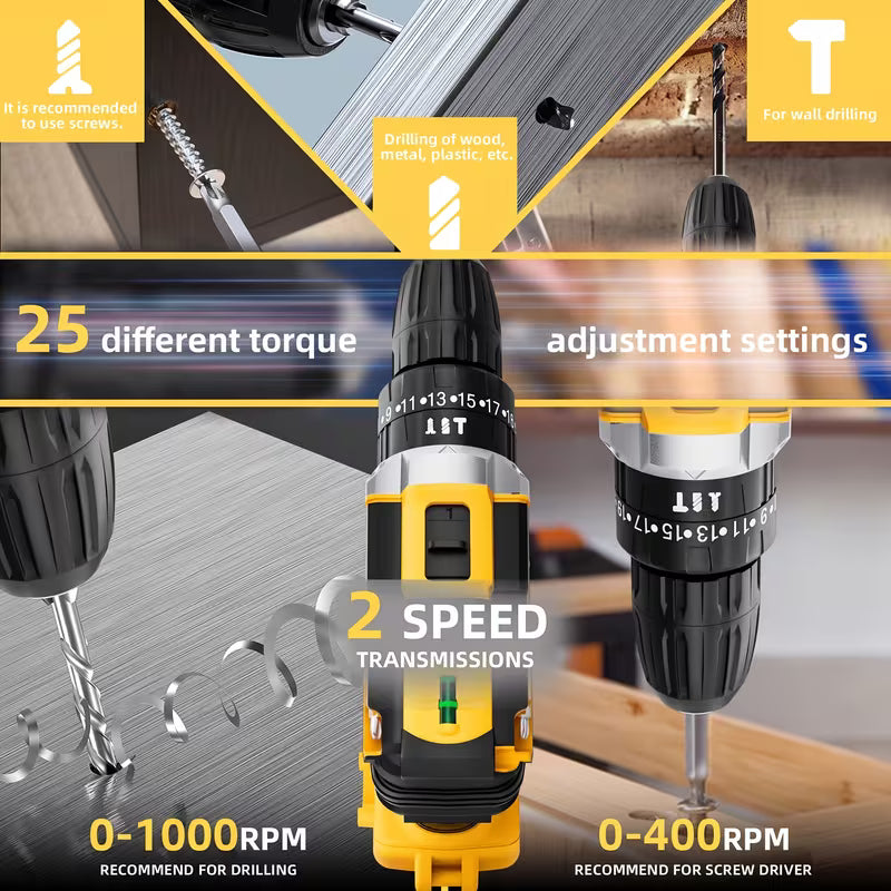 Rechargeable Drill (With Tool Case), Includes 1/2 Battery, Drill, Screwdriver, Drill Bit Set
