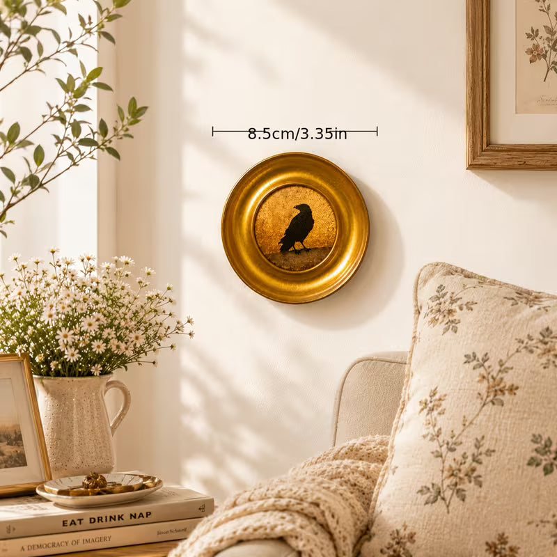 Crow Standing on a Round Metal Photo Frame Wall Art, Metal, Golden