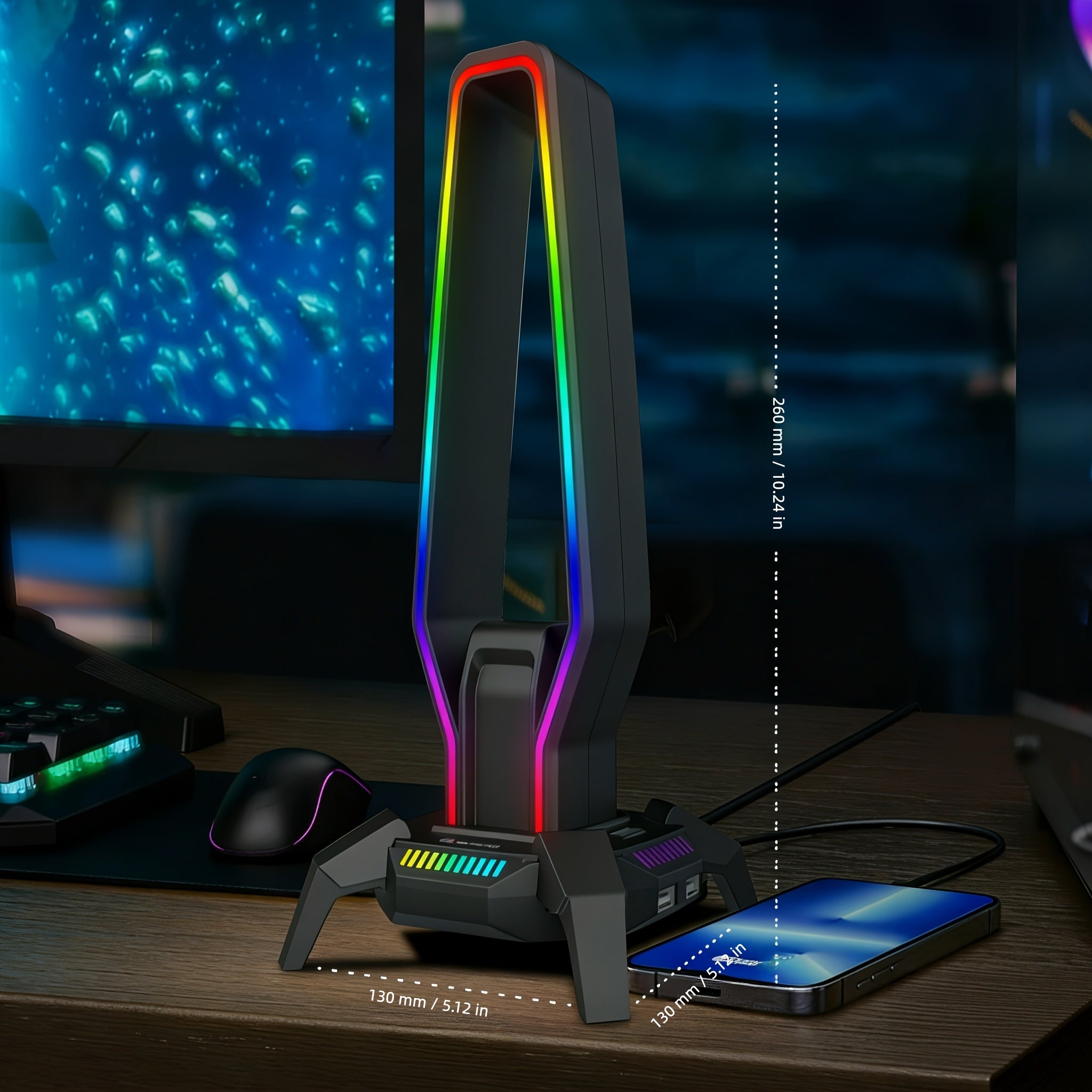 USB 2.0 Hub & Headset Stand Combo - 10 RGB