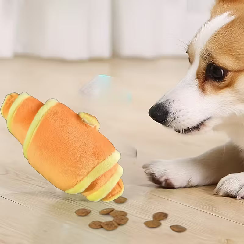 Plush Croissant Dog Toy, Interactive Squeaky Treat Dispensing Set