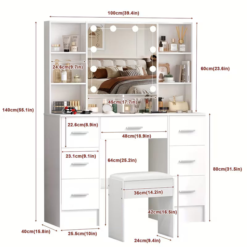 Vanity Desk Dressing Table Makeup Dressing Table Set with LED Illuminated Mirror, 7 Drawers