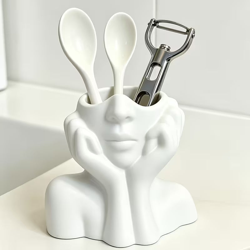 1pc Artistic Face Bust Plastic Kitchen Utensil Holder • Black/White Countertop Storage Caddy •