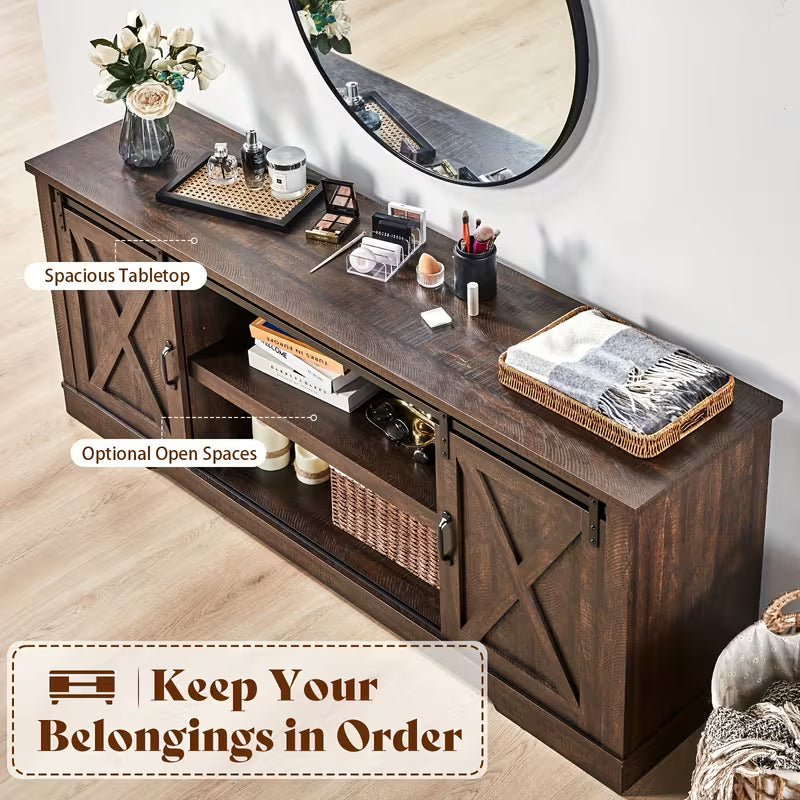 66" Farmhouse TV Stand for 75" TVs, Entertainment Center with Sliding Barn Doors