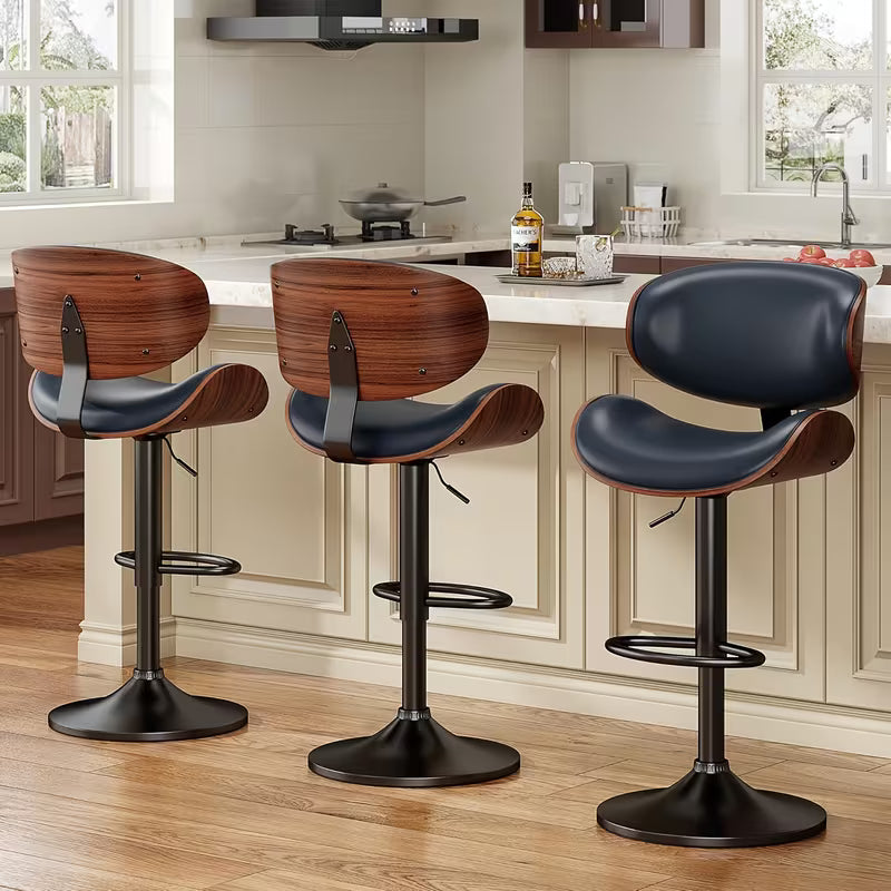 3pcs Modern Faux Leather Upholstered Bar Stools, 360° Swivel Adjustable Height with Backrests