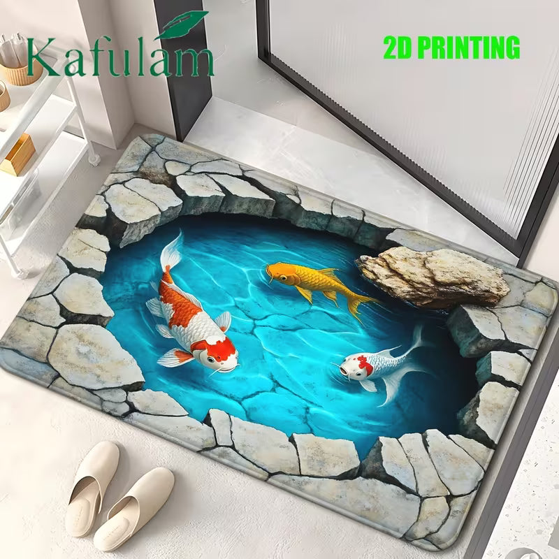 1pc 2D Carpet with Koi Fish Design | Flannel and Polyester, Machine Washable, Suitable