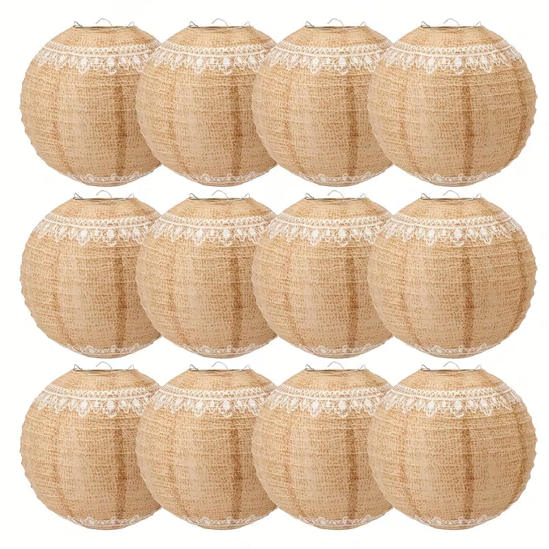 6pcs Lace Print Burlap Paper Lanterns 8In Boho Lanterns Decorative Indoor Paper Decoration Hanging