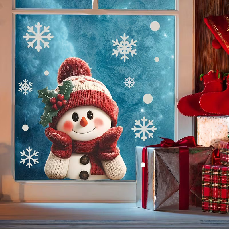 2D Flat, Large Smiling Snowman with Snowflakes Static Cling Window Decals