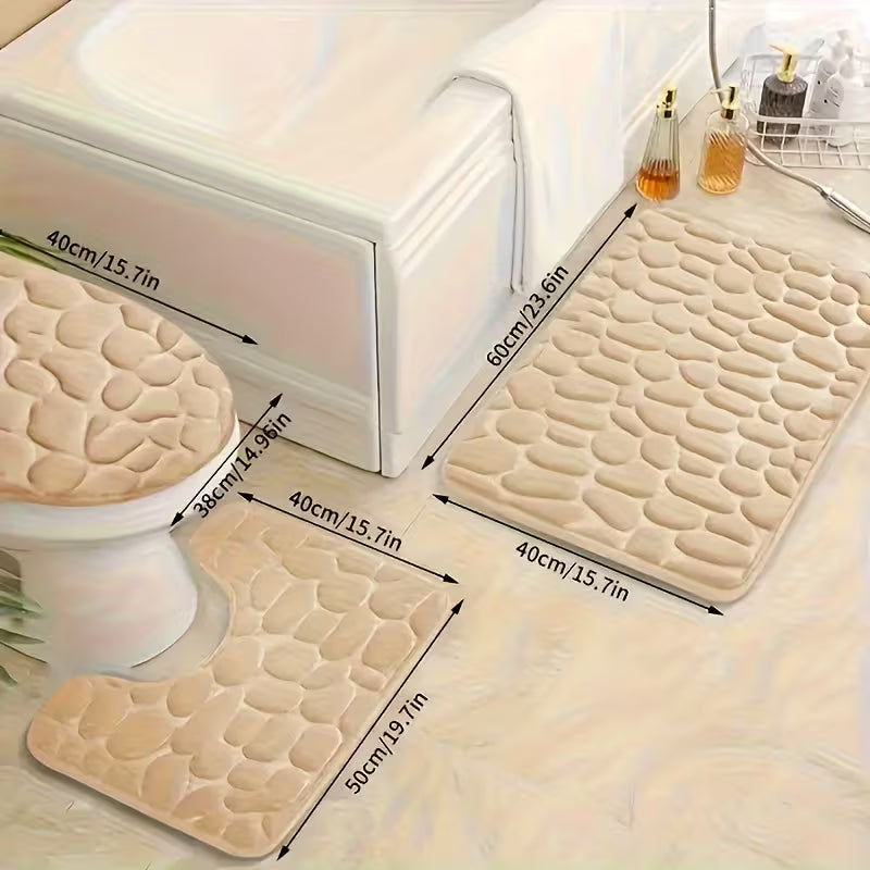 3pcs Geometric-Pattern Coral Fleece Bath Rug Set - Memory Foam, Machine Washable Bath Mats