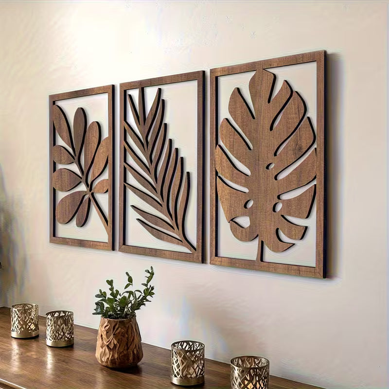 2D Flat 3pcs Set of Wooden Leaf Wall Sculptures, Natural Inspiration Large Wall Art, Easy