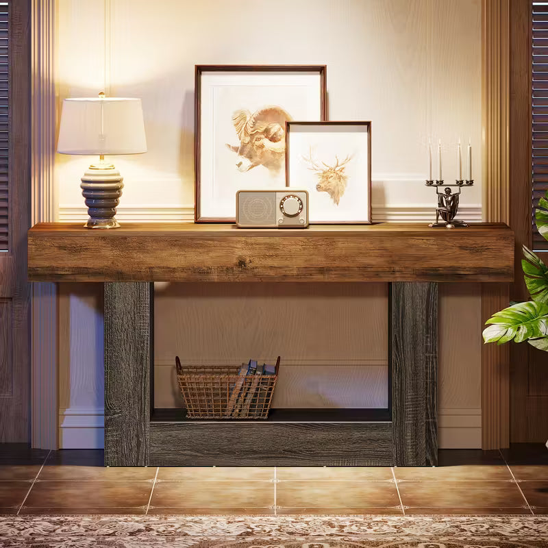 63" Modern Farmhouse Console Table, Wood, Brown