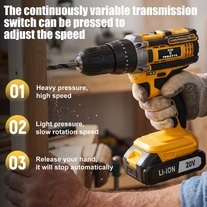 Newly Upgraded 20V Cordless Electric Drill Set, 18+3 Clutch Electric Drill with Work Light