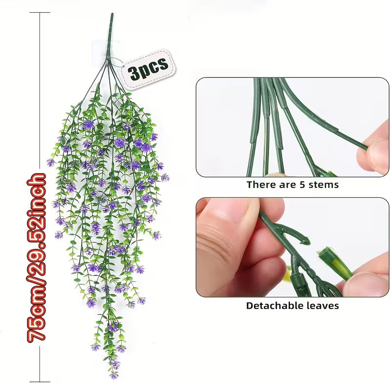3pcs Artificial Hanging Vines with Purple Flowers & Green Leaves - Durable Plastic