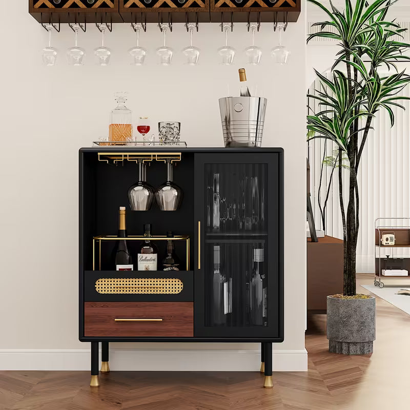 Modern Coffee Bar Cabinet With Wine Glass Rack And Drawers