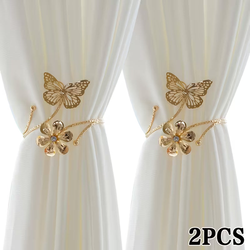 2pcs Modern Golden & Silvery Butterfly & Floral Metal Curtain Ties