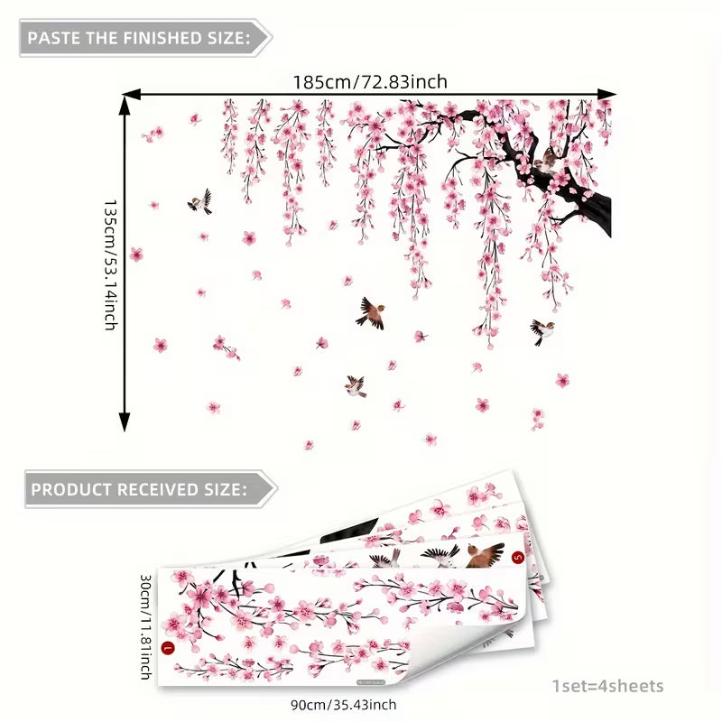4-Piece Pink Peach Blossom Tree Bird Falling Flower Wall Stickers | Bathroom, Bedroom & Living