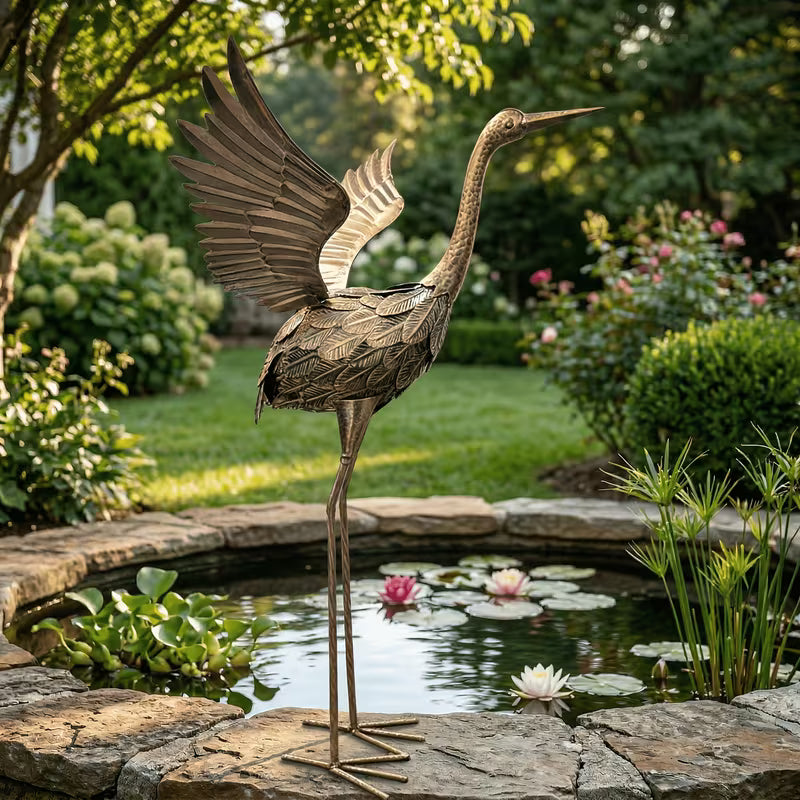 Premium 31.89inch Handcrafted Bronze Metal Crane Statue