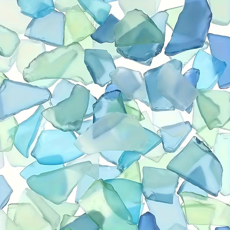 Sea Blue Glass Shards, Handmade Ornaments, Light Frosted Vase with Glass Inlay, Beach Style