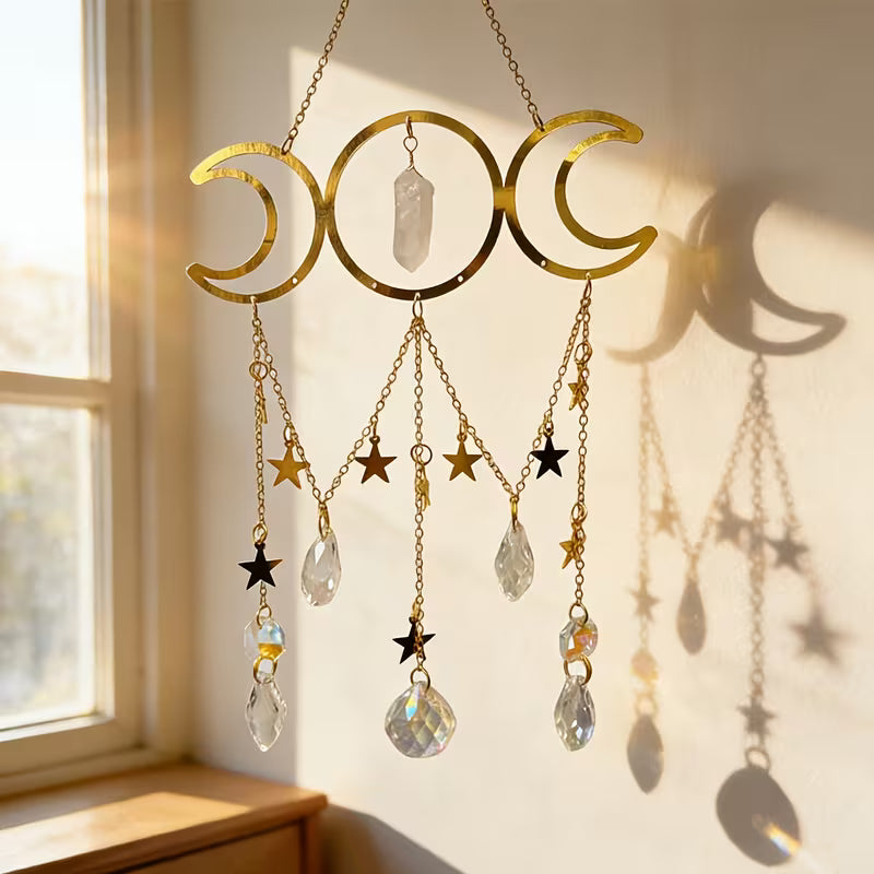 1pc Elegant Crystal Wind Chime with Dreamcatcher, Bohemian Style with Moon, Stars, and Crystal